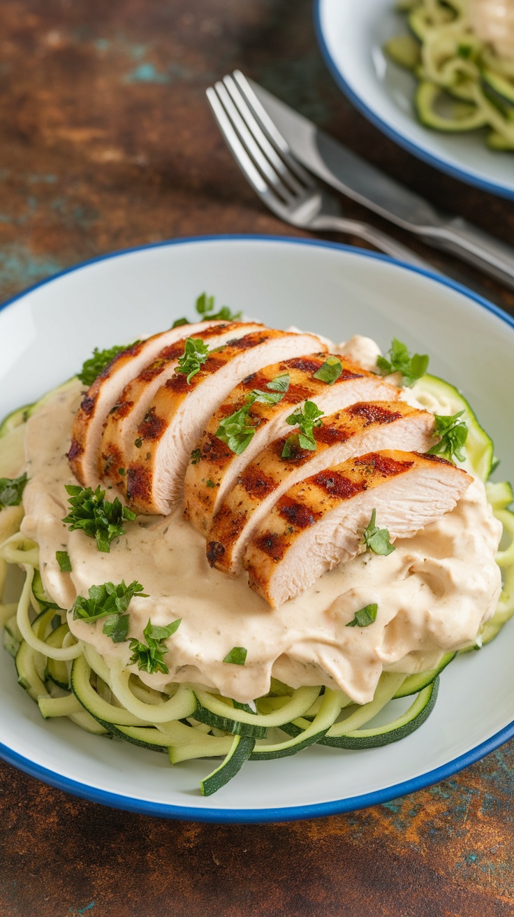 Delicious and Satisfying Keto Chicken Alfredo Keto chicken alfredo with zucchini noodles, grilled chicken, and creamy sauce garnished with parsley.